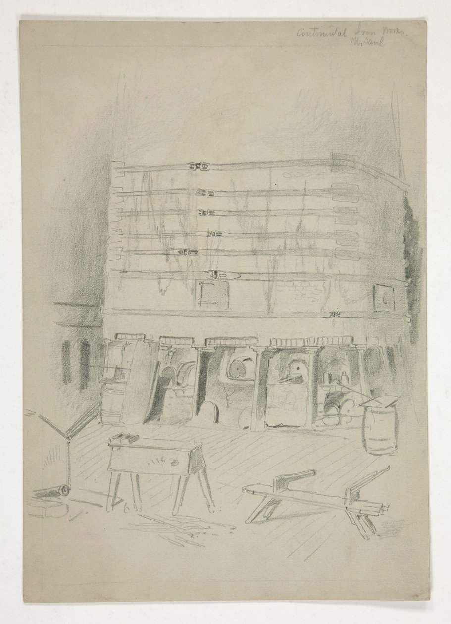 Skisse av Continental Iron Works(?) [industrielt interiør] av Edwin Austin Abbey