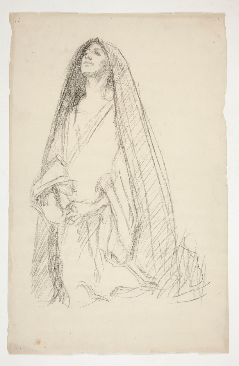 Skisse av en tiltrukket kvinneskikkelse i bønn for Three Marys at the Cross av Edwin Austin Abbey