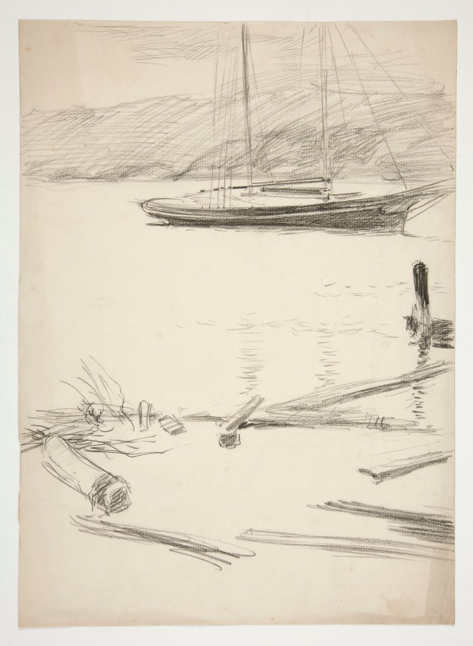 Skisse av brygge og seilbåt av Edwin Austin Abbey