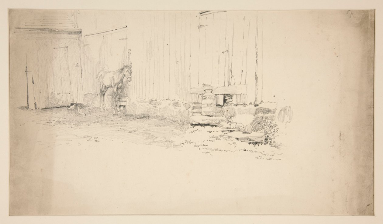 Skisse av et gårdstun, med en hest av Edwin Austin Abbey