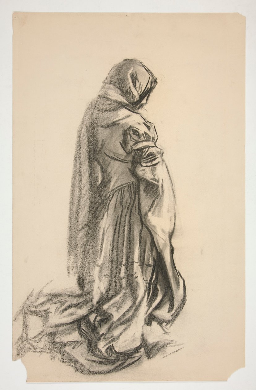 Skisse av en knelende kvinneskikkelse i rosa kjole for Galahad the Deliverer, et av de hellige gral-veggmaleriene på Boston Public Library av Edwin Austin Abbey