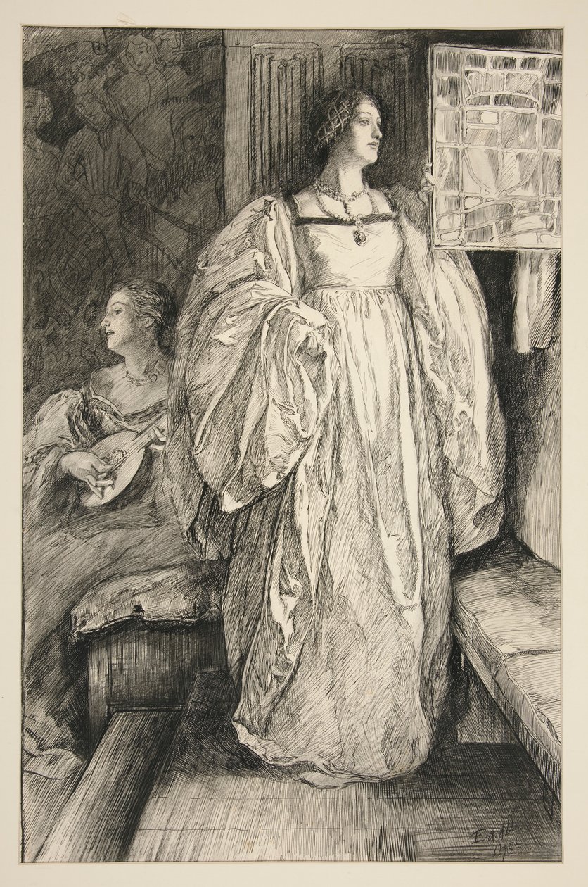 Skisse av en dame, illustrasjon for av Edwin Austin Abbey