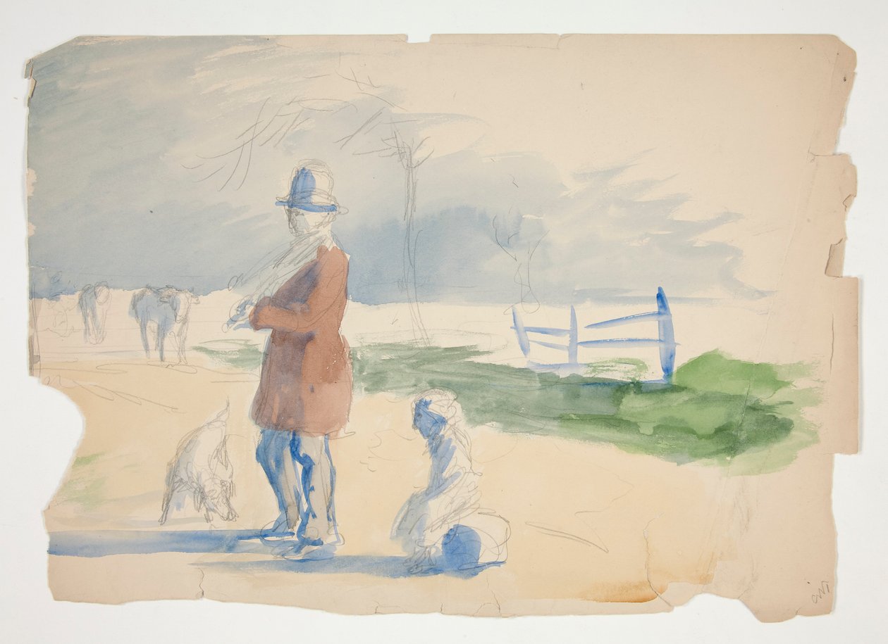 Skisse av en mann, barn og hund - uidentifisert illustrasjon av Edwin Austin Abbey