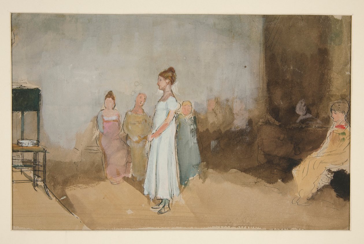 Skisse av en kvinne i et interiør - uidentifisert illustrasjon av Edwin Austin Abbey