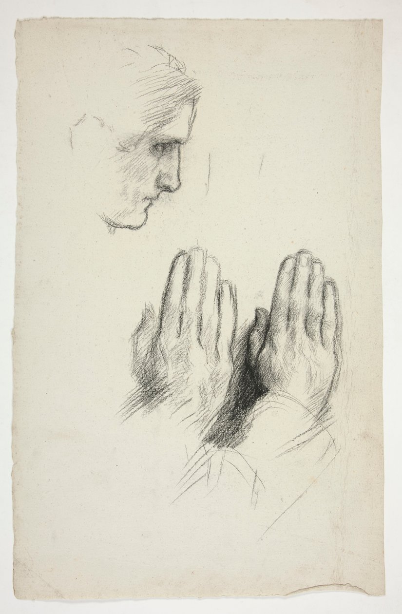 Skisse av en ung mann i profil; skisse av to sett med hender i bønn av Edwin Austin Abbey