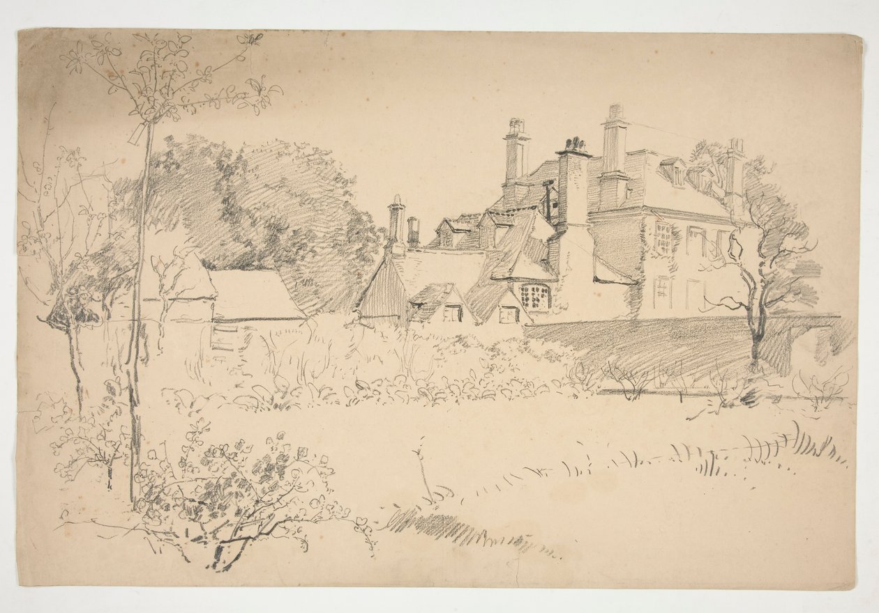 Skisse av et eksteriør: gaden, vegg og stort viktoriansk hus av Edwin Austin Abbey