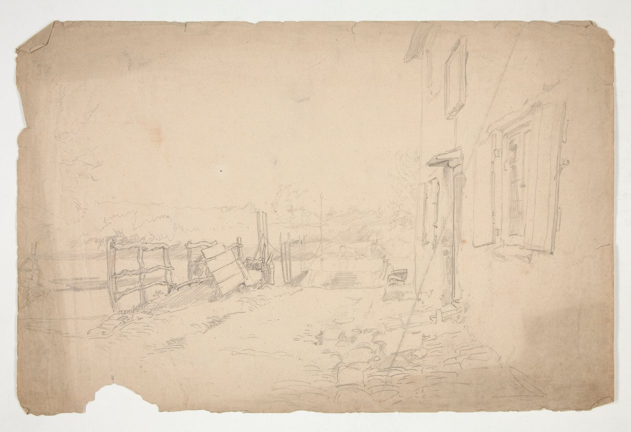 Skisse av et eksteriør av et landsted av Edwin Austin Abbey