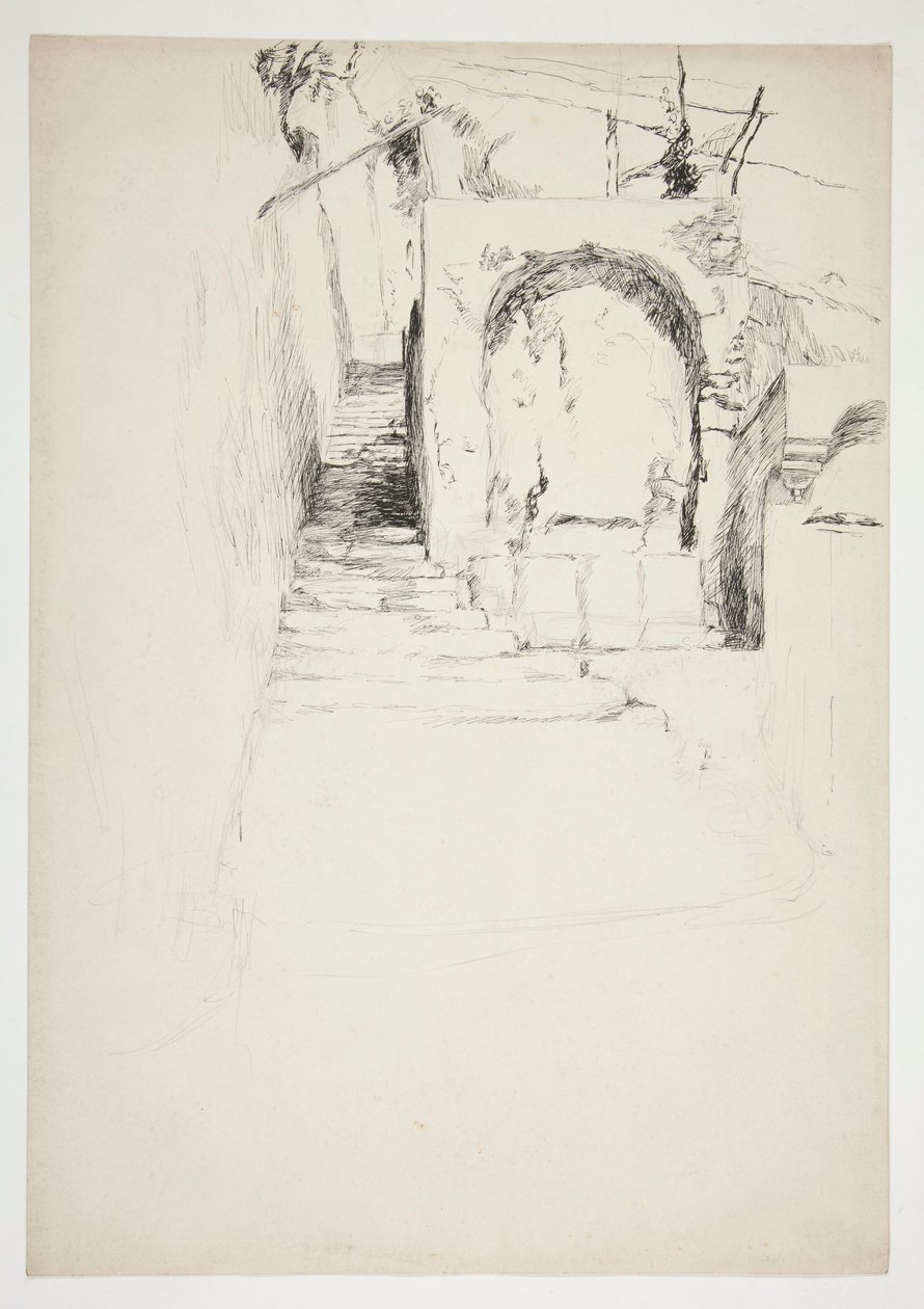 Skisse av en utendørs trapp (italiensk pergola, for bokillustrasjon) av Edwin Austin Abbey