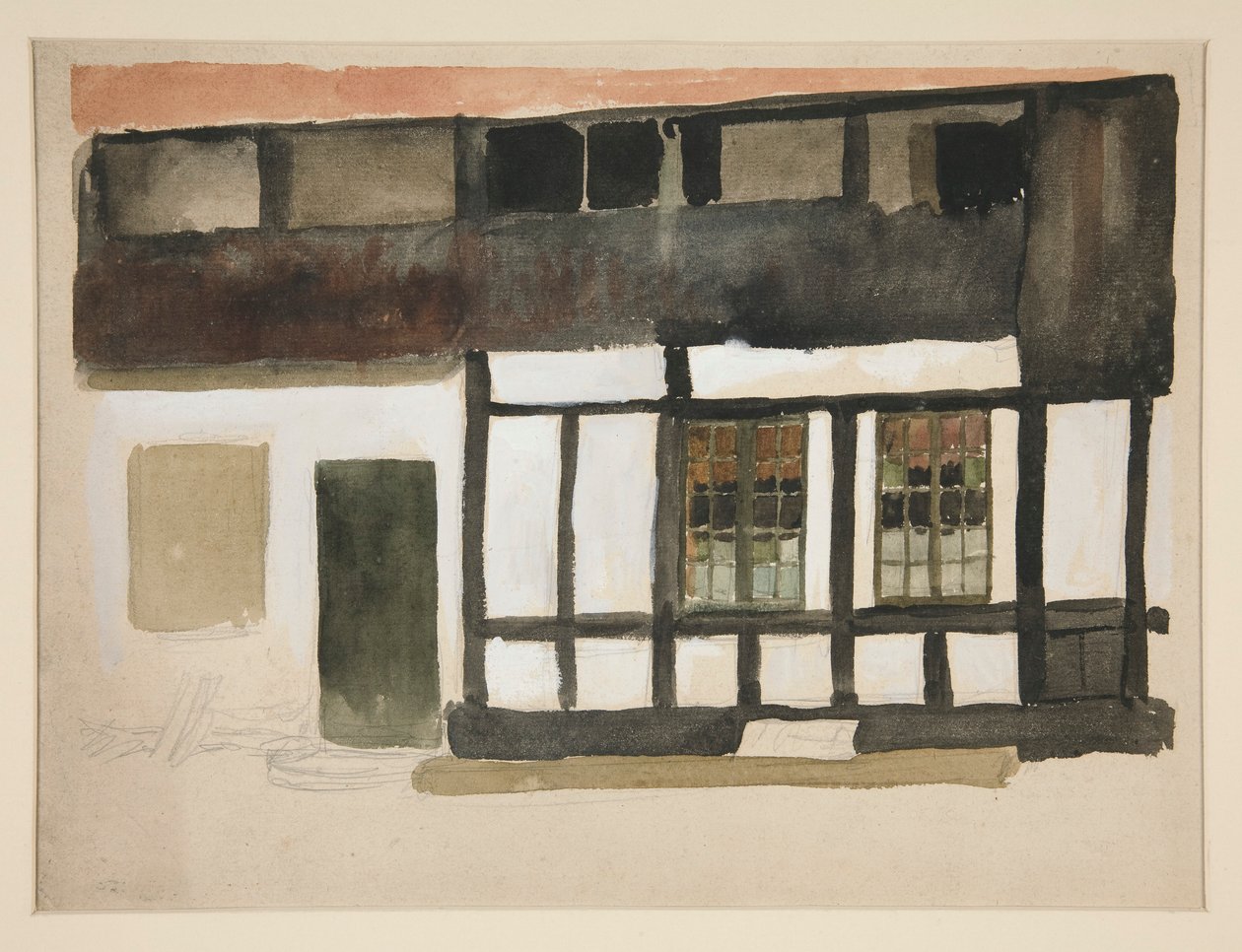 Skisse av eksteriøret av et Tudor-hus av Edwin Austin Abbey