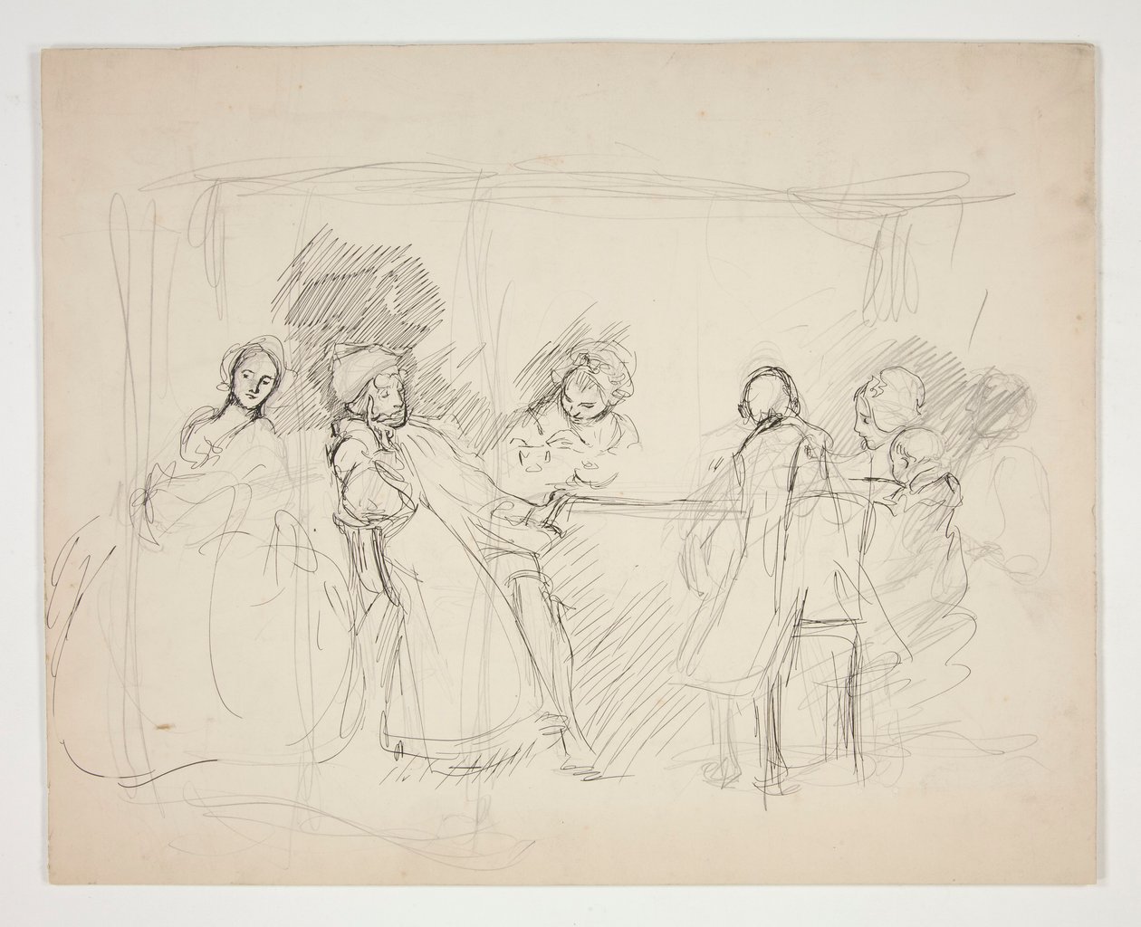 Skisse av figurer rundt et bord - uidentifisert illustrasjon for et skuespill (?) av Edwin Austin Abbey
