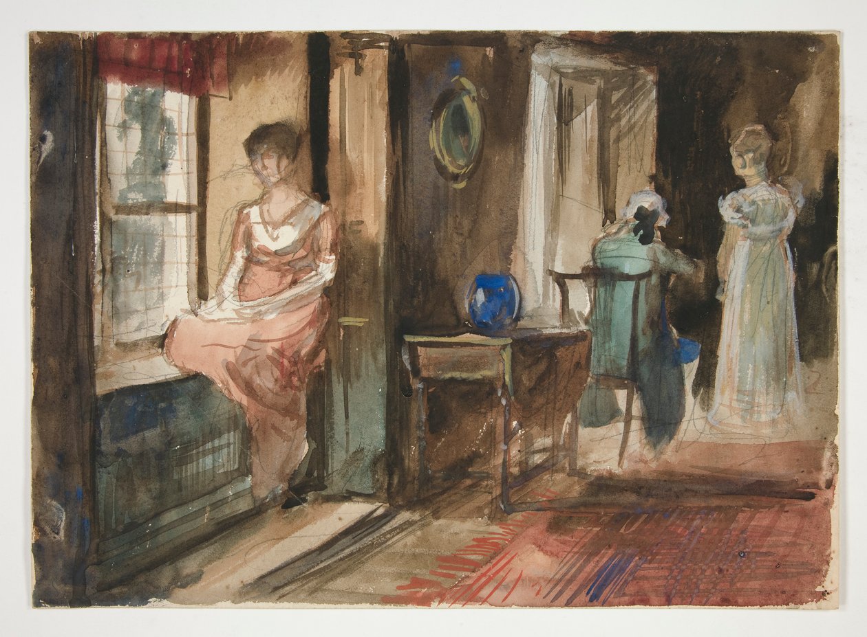 Skisse av figurer i et interiør av Edwin Austin Abbey