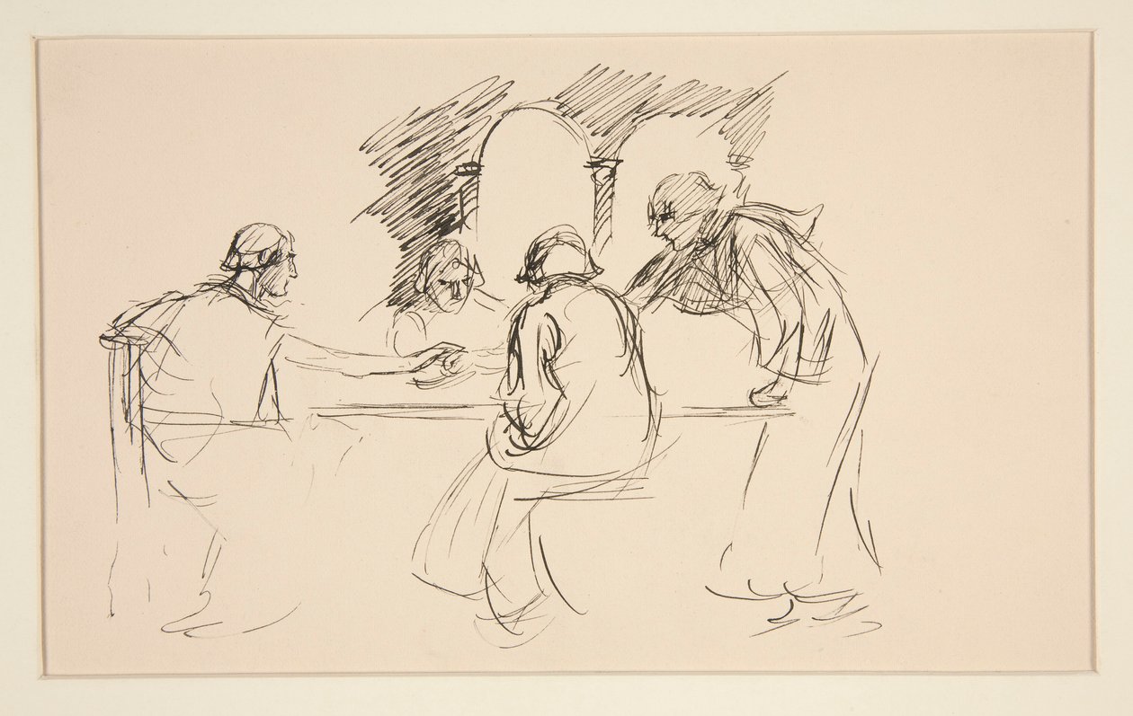 Skisse av fire menn i middelalderdrakt ved et bord - uidentifisert illustrasjon, muligens for av Edwin Austin Abbey