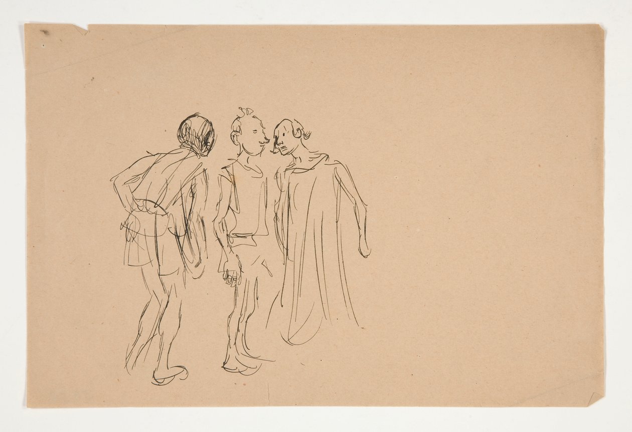 Skisse av tre menn (studie for 1937.1072?), fra Merchant of Venice av Edwin Austin Abbey