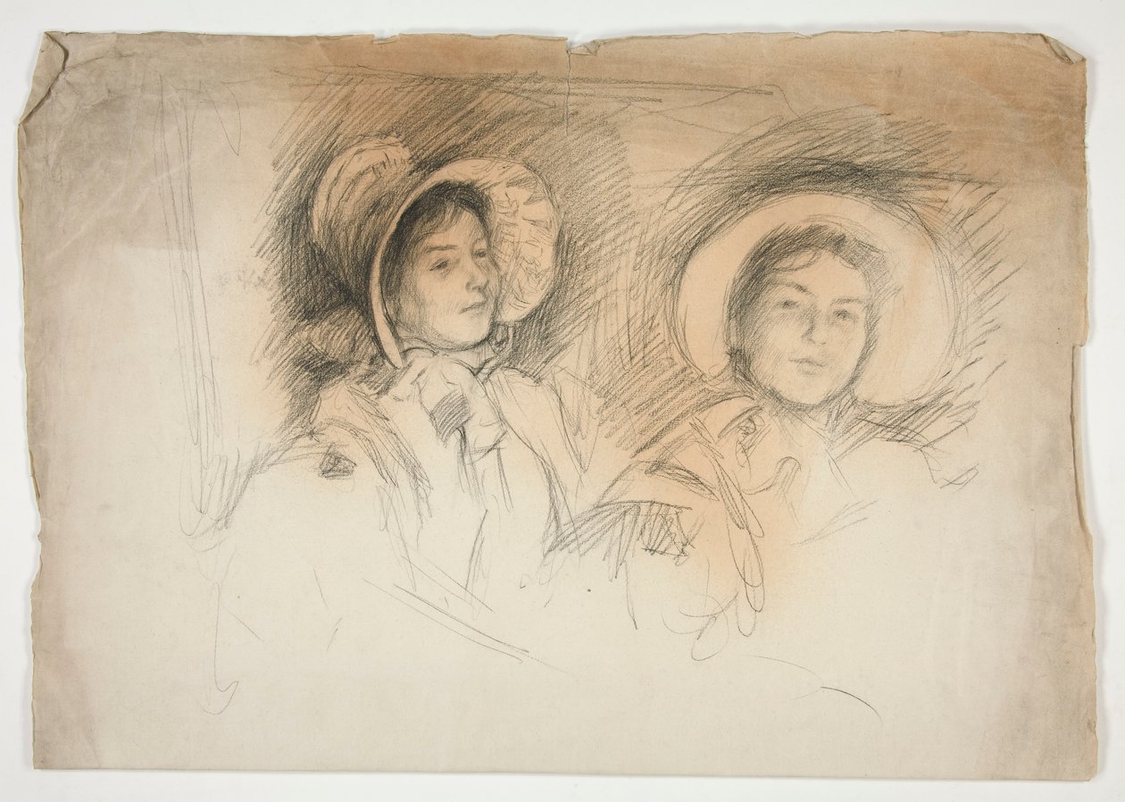Skisse av to unge kvinner i panser (uidentifiserte sittere) av Edwin Austin Abbey