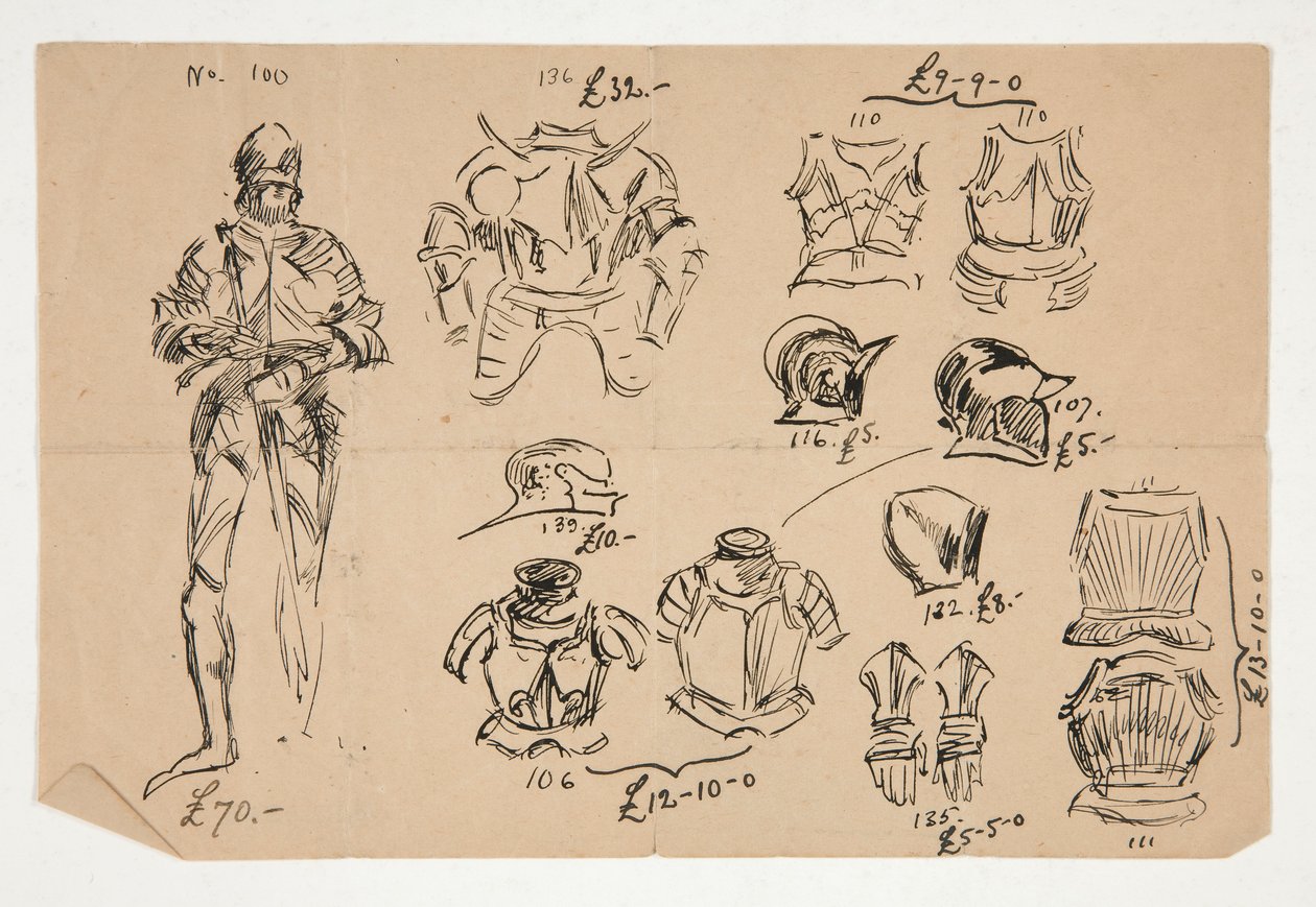 Sketches of armor, with prices in British pounds below each item   1331069   no       norwegian Successfully Translated  Original: Great Carolina Wren, 1830. Translat: Great Carolina Wren, 1830. 1155158 no norwegian Successfully Translated Original: Paris  av Edwin Austin Abbey