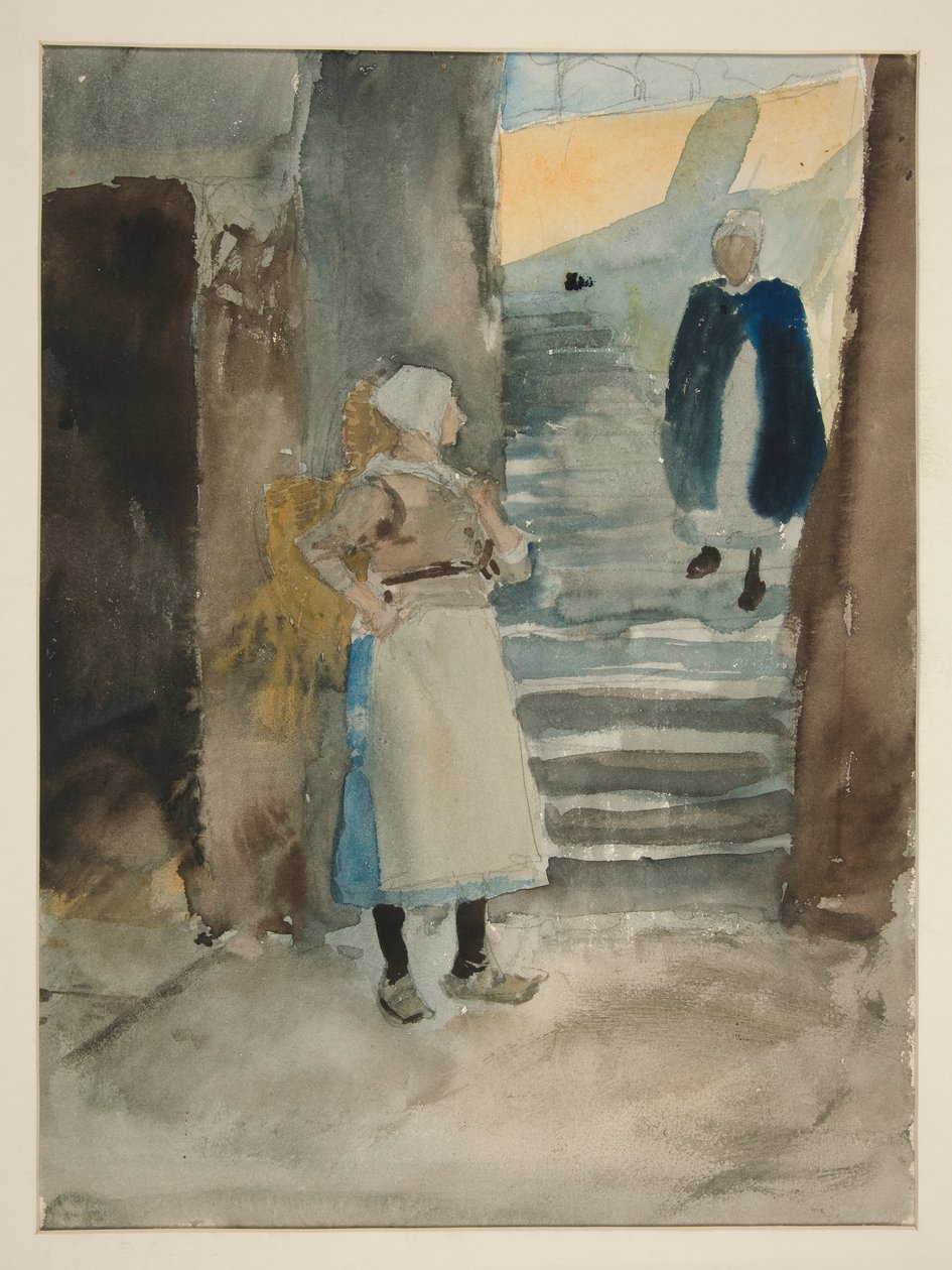 Gatescene med to fiskefruer - uidentifisert illustrasjon av Edwin Austin Abbey