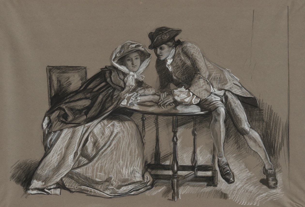 Studere. Lady og Gentleman i samtale over et bord av Edwin Austin Abbey