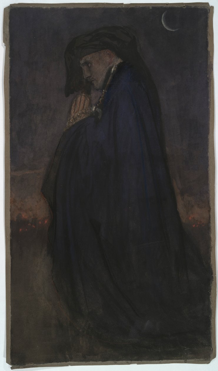 Studere. Mann i blå kappe, måneskinn av Edwin Austin Abbey