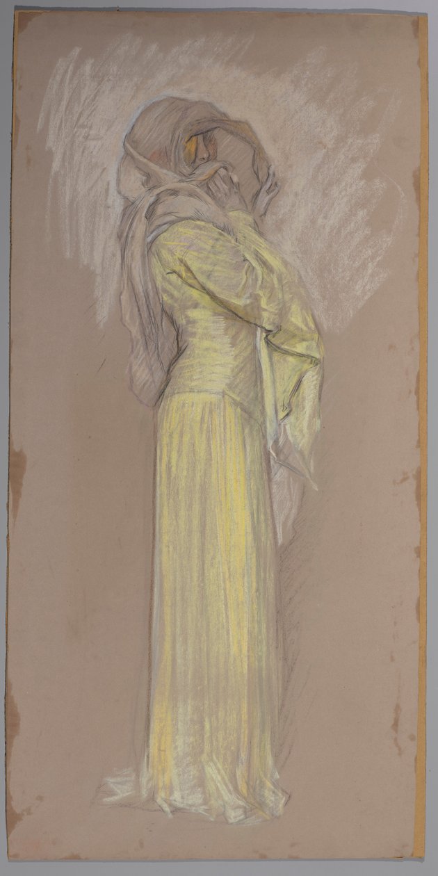 Studie, kvinne i gul kjole med brunt slør over ansiktet av Edwin Austin Abbey