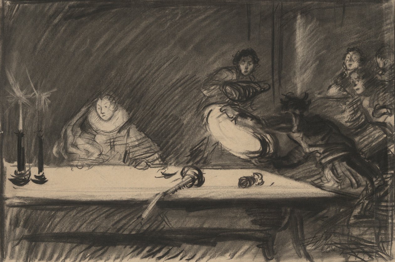 Studie for Petruchio velter trencheren - akt IV, scene I, The Taming of the Shrew av Edwin Austin Abbey