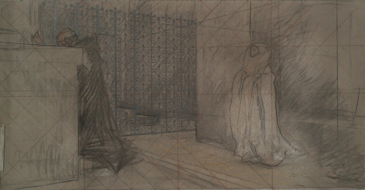 Studie for presten og den store dame av Edwin Austin Abbey
