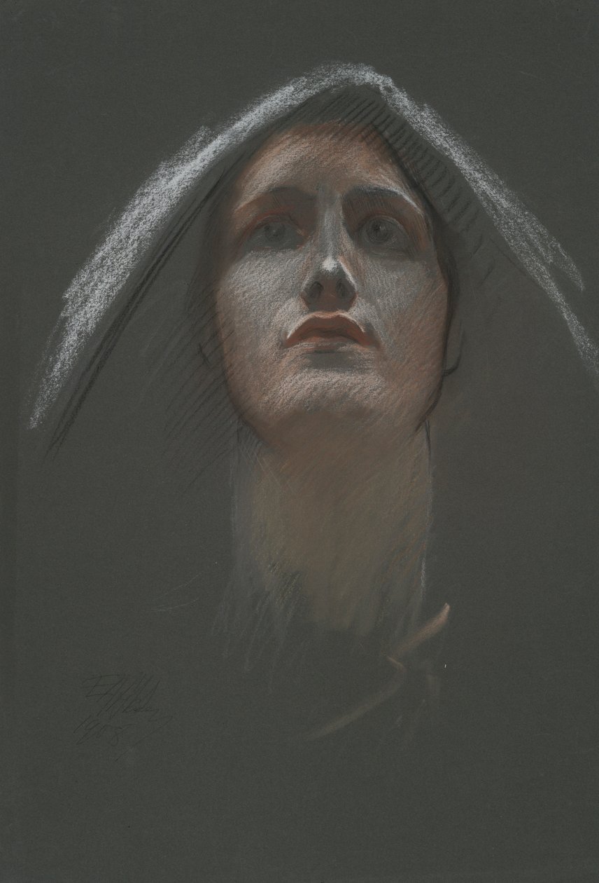Studie for figur av Religion rondel i rotunden til delstatsbygningen i Harrisburg, Pennsylvania, 1902-1911 av Edwin Austin Abbey