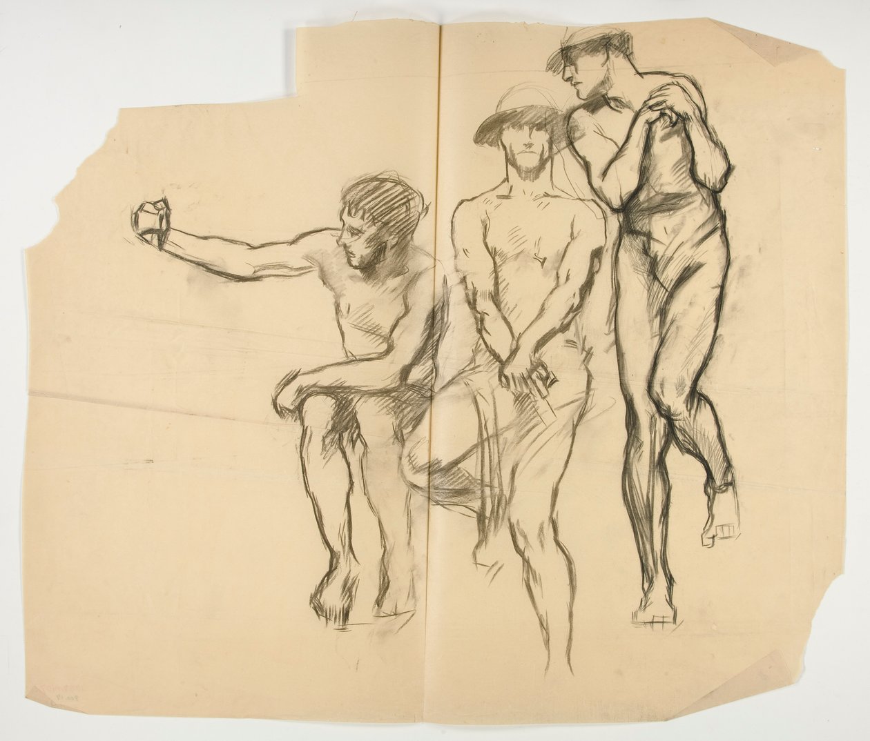 Studie for forge of Vulcan; Tre gruvearbeidere - stålarbeidere av Edwin Austin Abbey