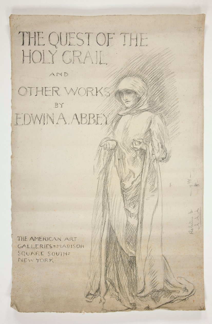 Studie for åpningskunngjøringen(?) av The Quest of the Holy Grail-malerier: The Quest of the Holy Grail og andre verk av Edwin A. Abbey. Tegning til det første omslaget til Abbey-katalogen. av Edwin Austin Abbey
