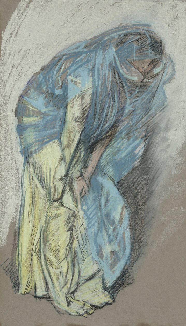Studie for kvinne i gul kjole med blått slør av Edwin Austin Abbey
