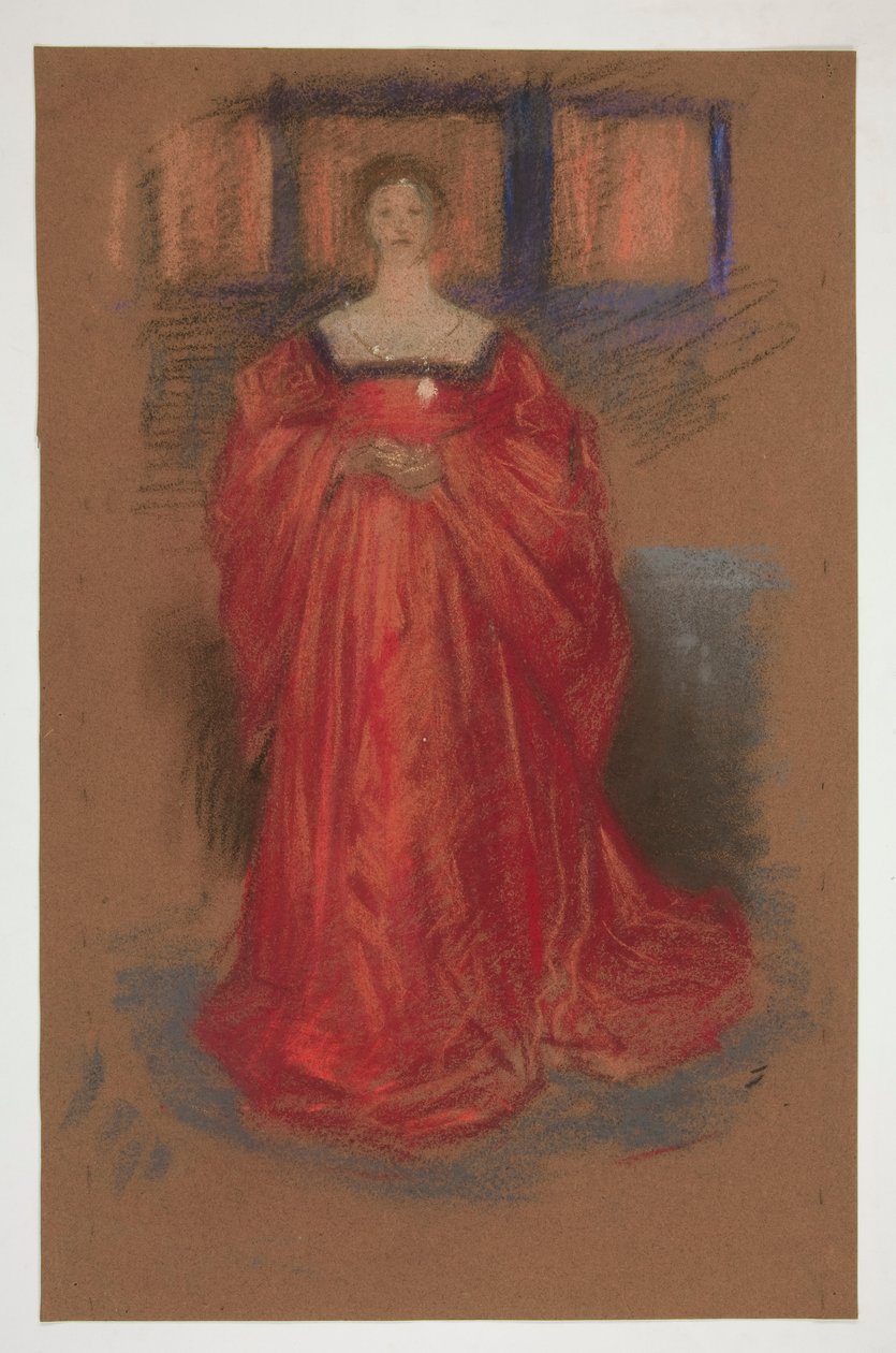 Studie av en kvinne i renessansedrakt - (uidentifisert illustrasjon for et Shakespeare-skuespill?) av Edwin Austin Abbey