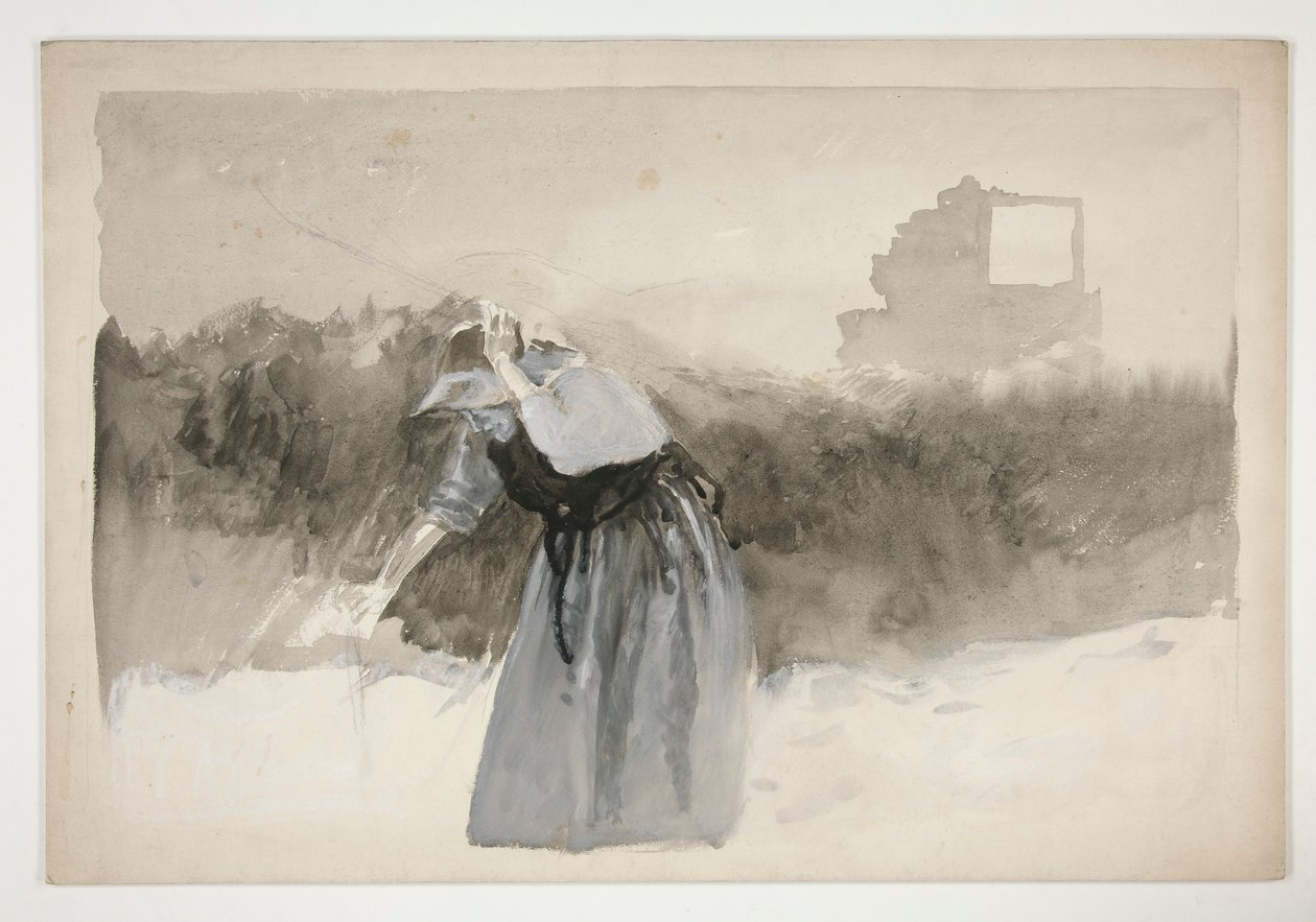 Studie av en kvinne i panser, lener seg over - (uidentifisert illustrasjon) av Edwin Austin Abbey