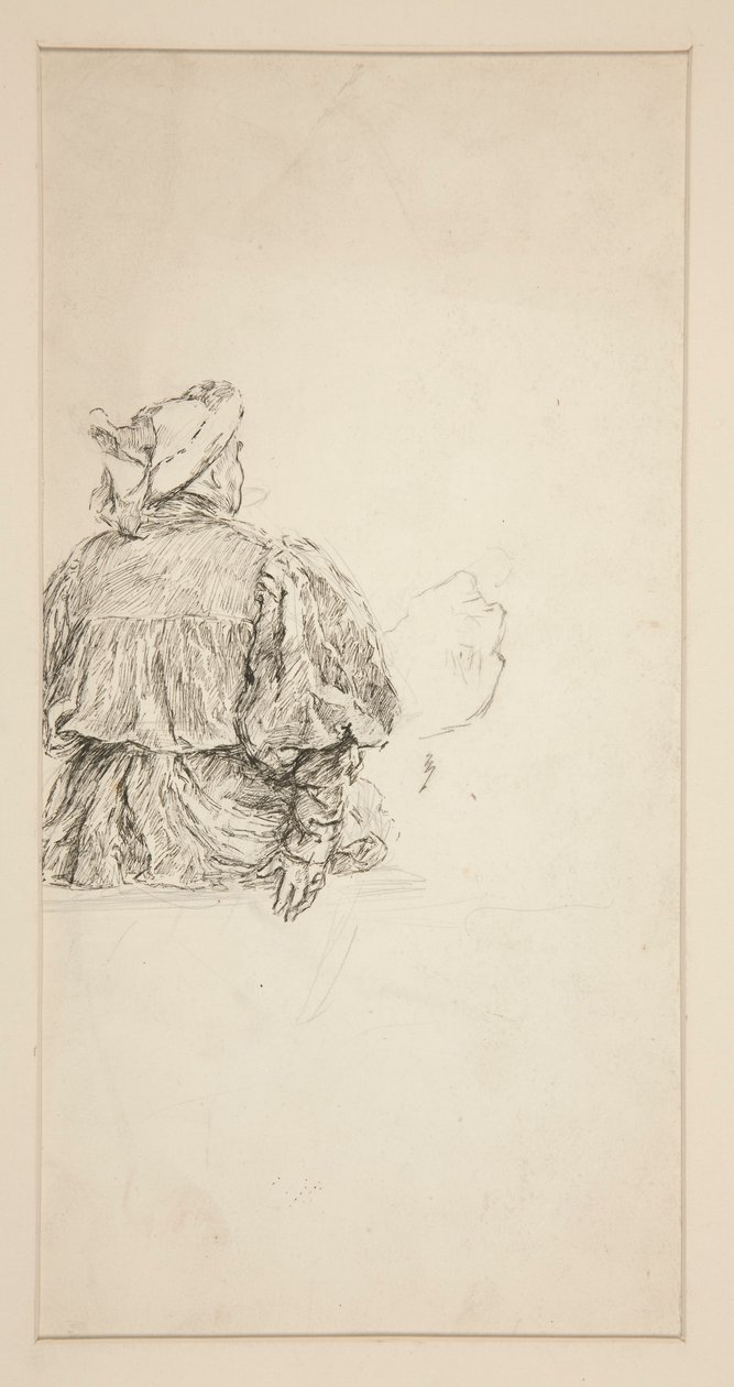 Studie av ryggen til en sittende mann i kostyme fra det 15. århundre, for en Shakespeare-scene. av Edwin Austin Abbey