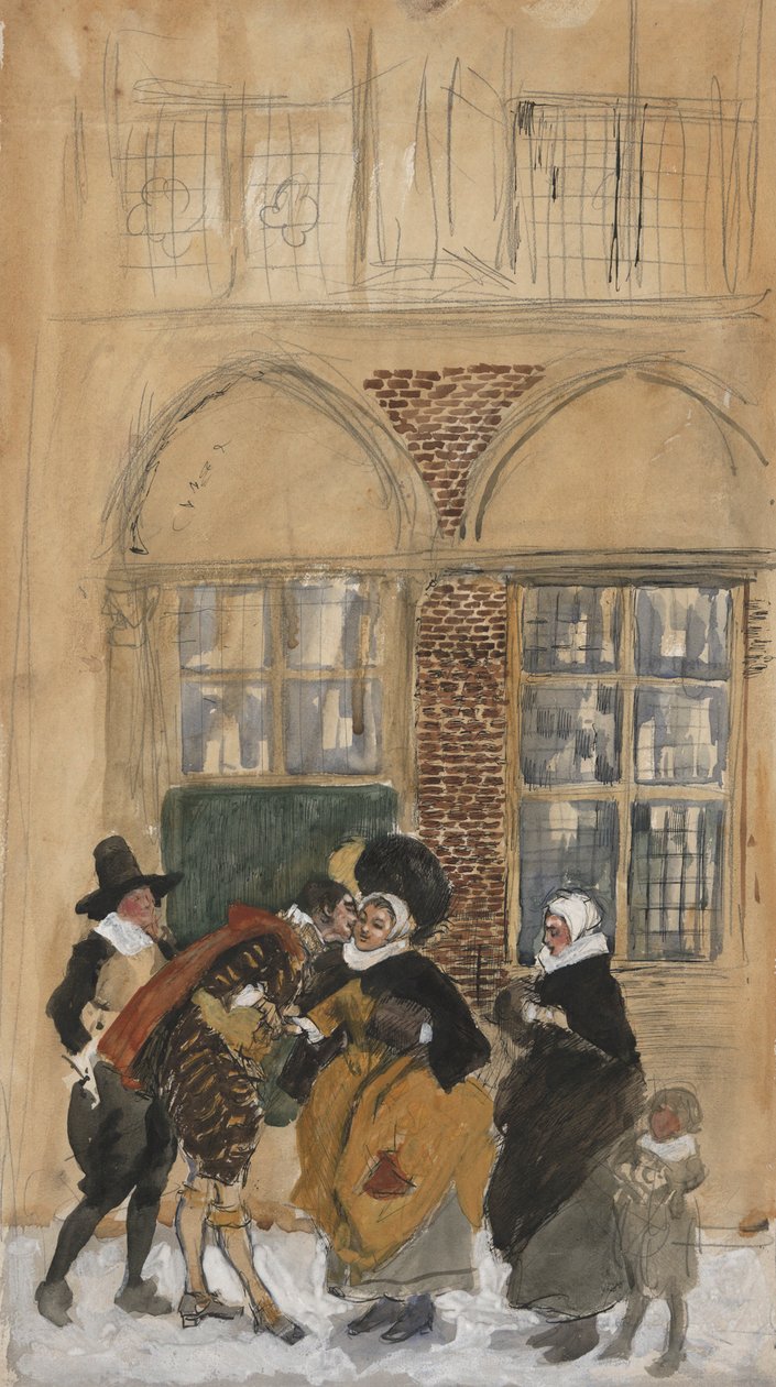 Studie av figurscene i nederlandsk drakt fra det syttende århundre, muligens New Amsterdam av Edwin Austin Abbey