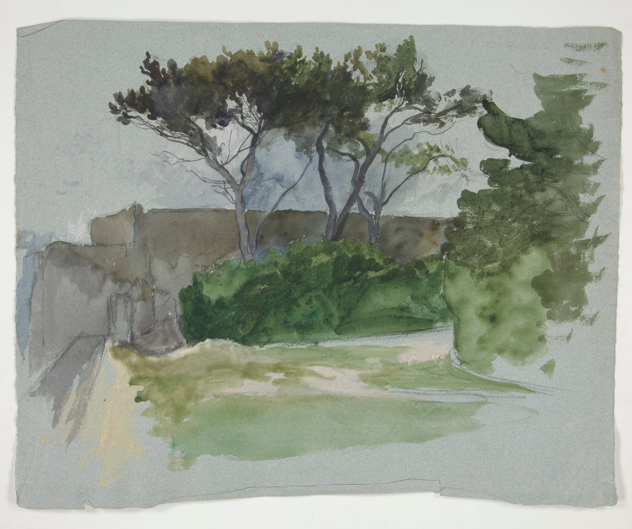 Studie av landskap med trær og steinmur av Edwin Austin Abbey