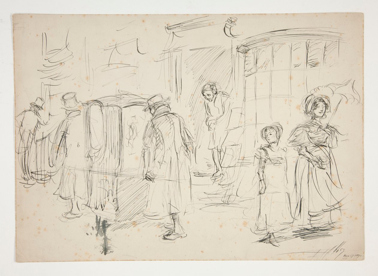 Studie av gatebilde med sedanstol. av Edwin Austin Abbey