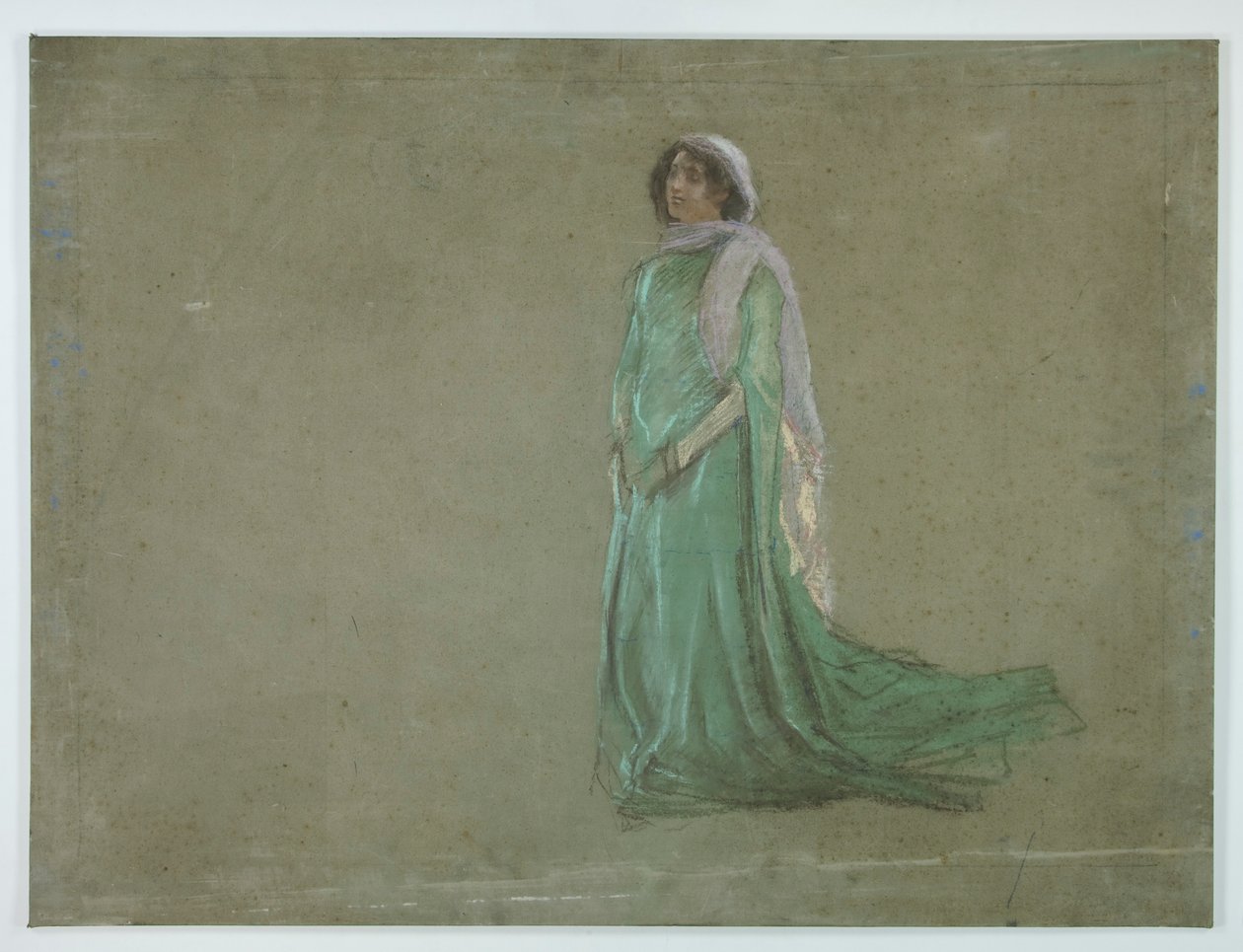 Studie, kvinne i lang grønn kjole, rosa skjerf av Edwin Austin Abbey
