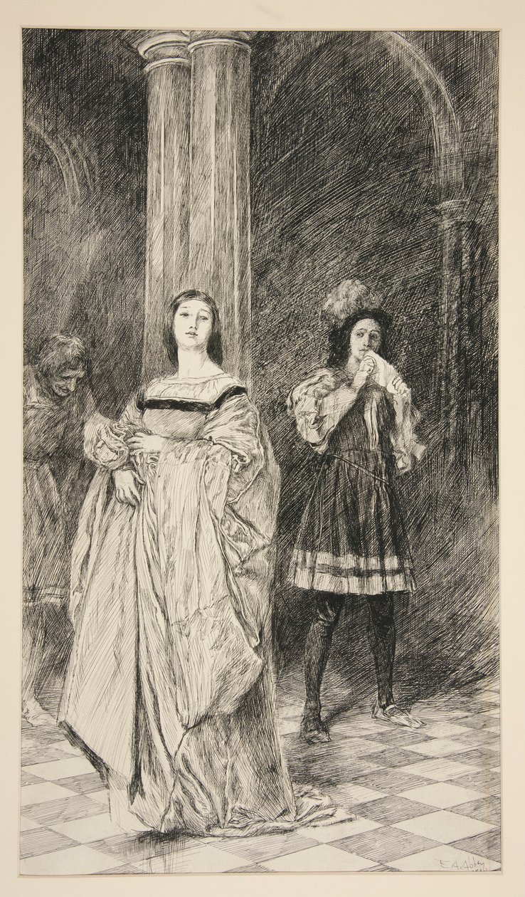 Sylvia og Valentine, fra akt II, Scene i, Two Gentlemen of Verona av Edwin Austin Abbey