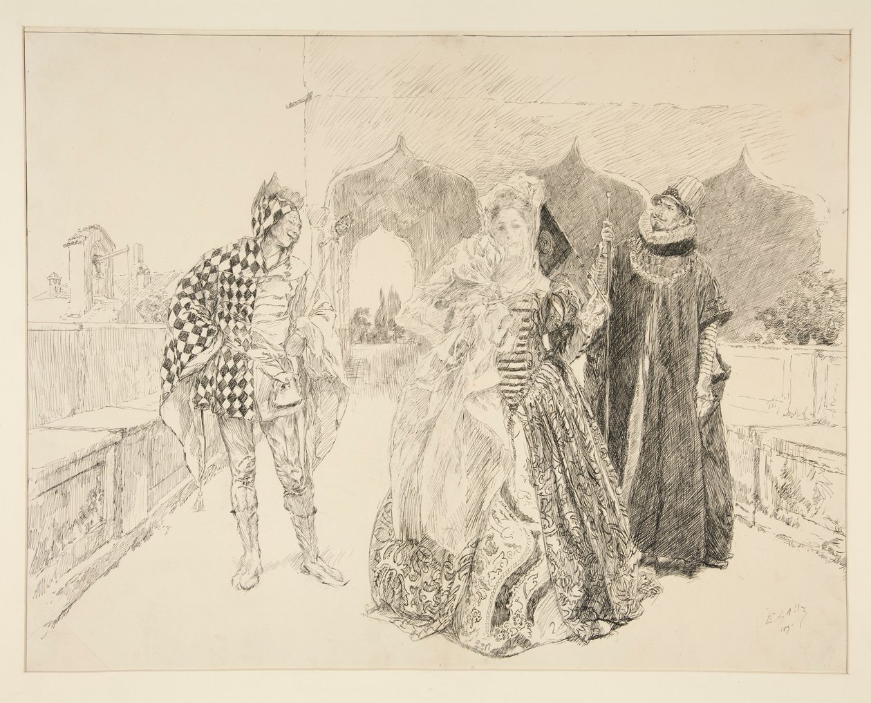 The Clown and Malvolio, illustrasjon for Act I, Scene v, Twelfth Night av Edwin Austin Abbey