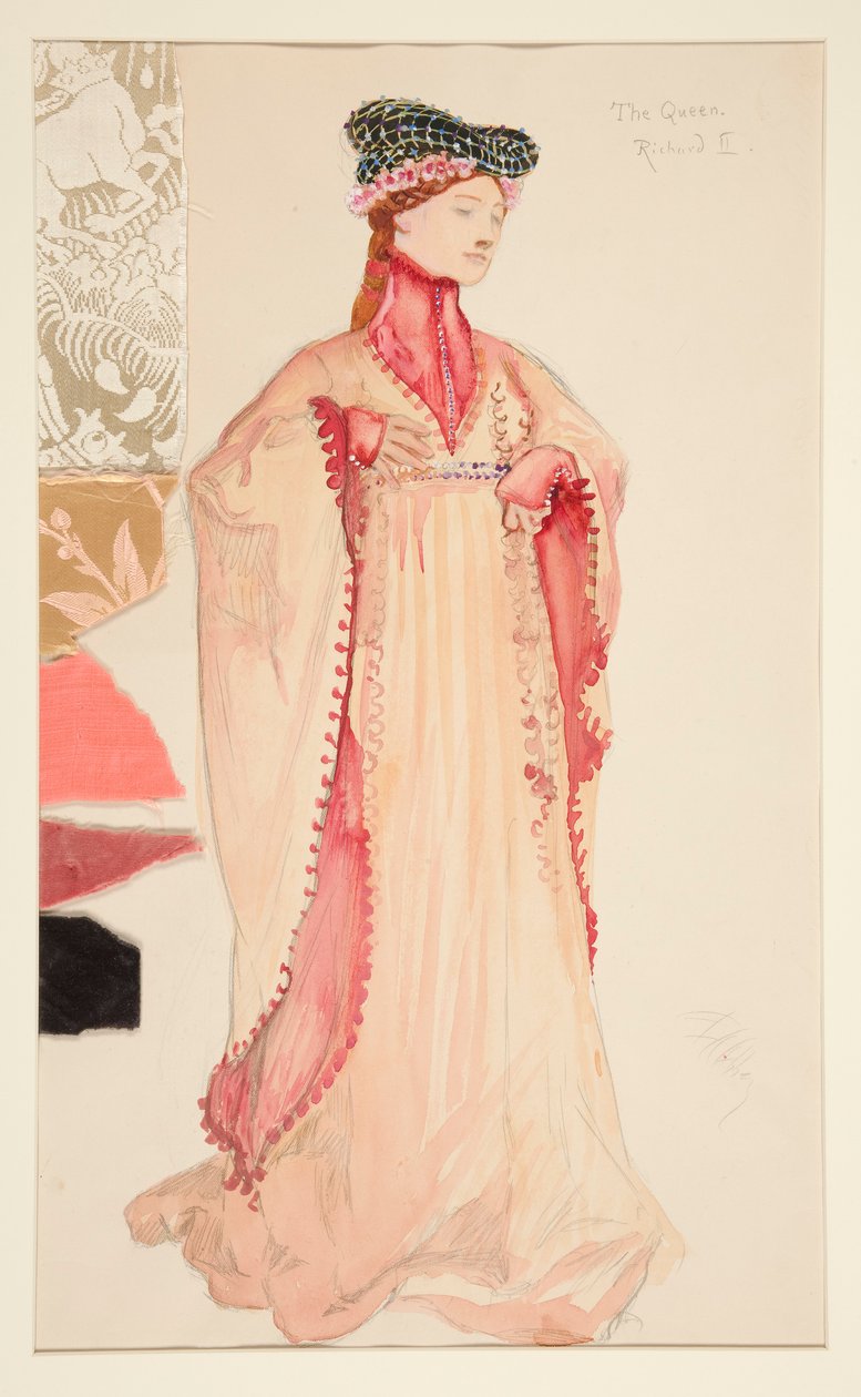 Dronningen (i rosa), kostymeskisse for Henry Irving av Edwin Austin Abbey