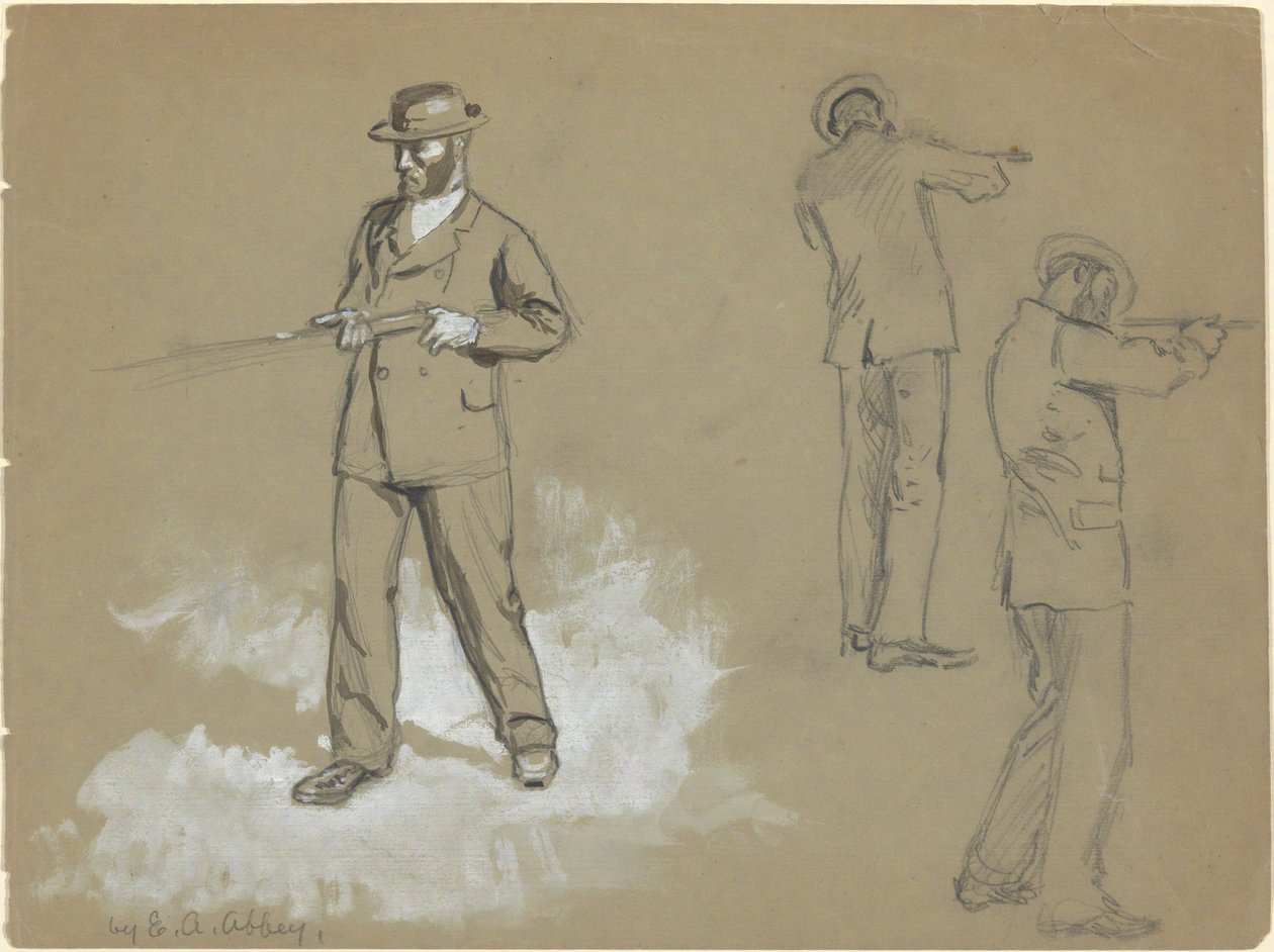 Tre skisser av en mann med en pistol (recto); Figurstudier og portrett av A. S. Wina (?) (verso) av Edwin Austin Abbey