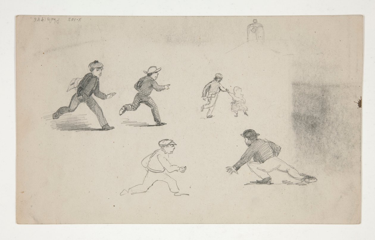 Tre studier (menn med hester, studie av hodet) (recto); Seks studier av løpende figurer, studie av et klokketårn (verso) av Edwin Austin Abbey
