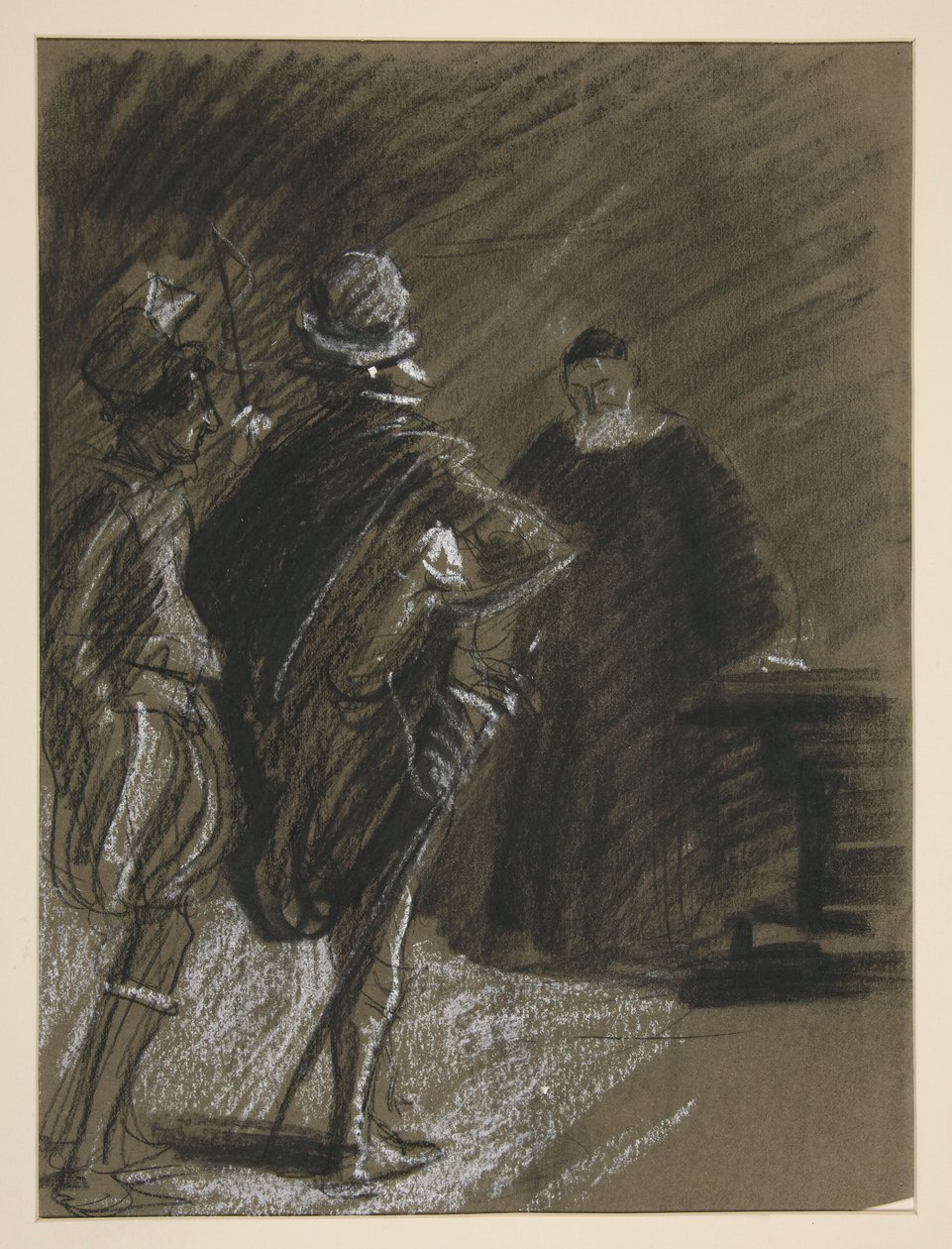 Tre menn, studerer for Taming of the Shrew (?) av Edwin Austin Abbey