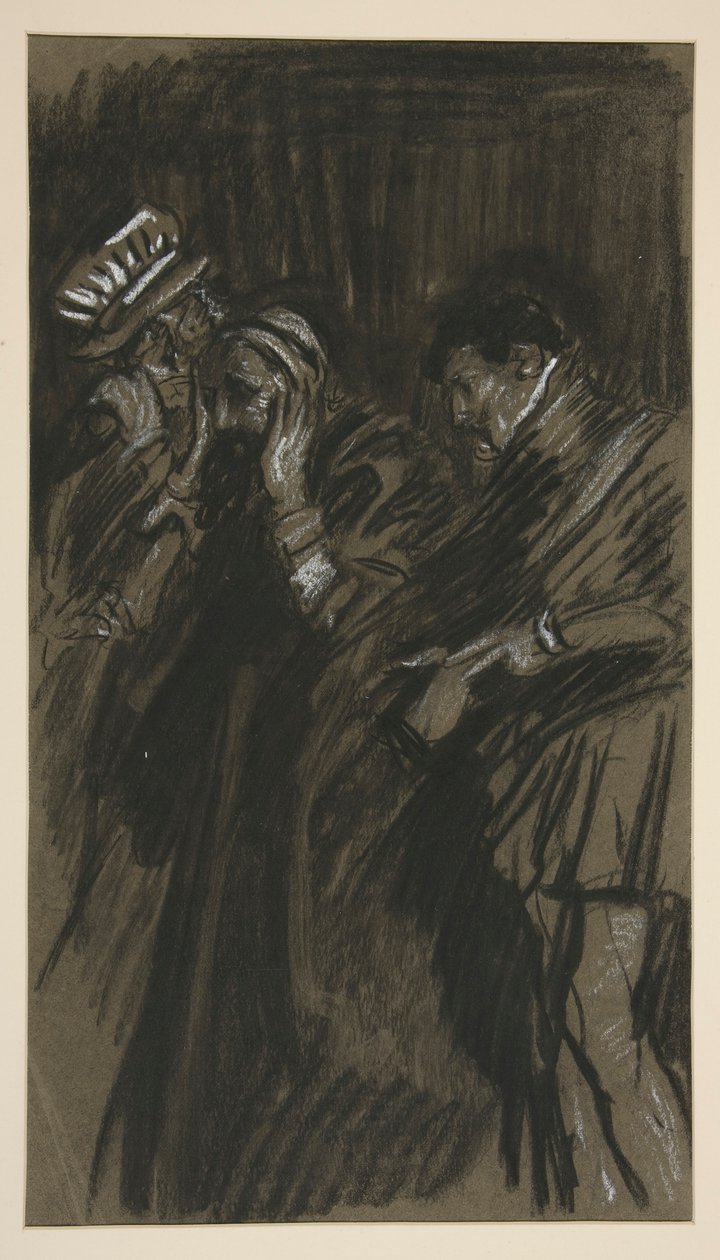 Tre menn, studerer for Taming of the Shrew (?) av Edwin Austin Abbey