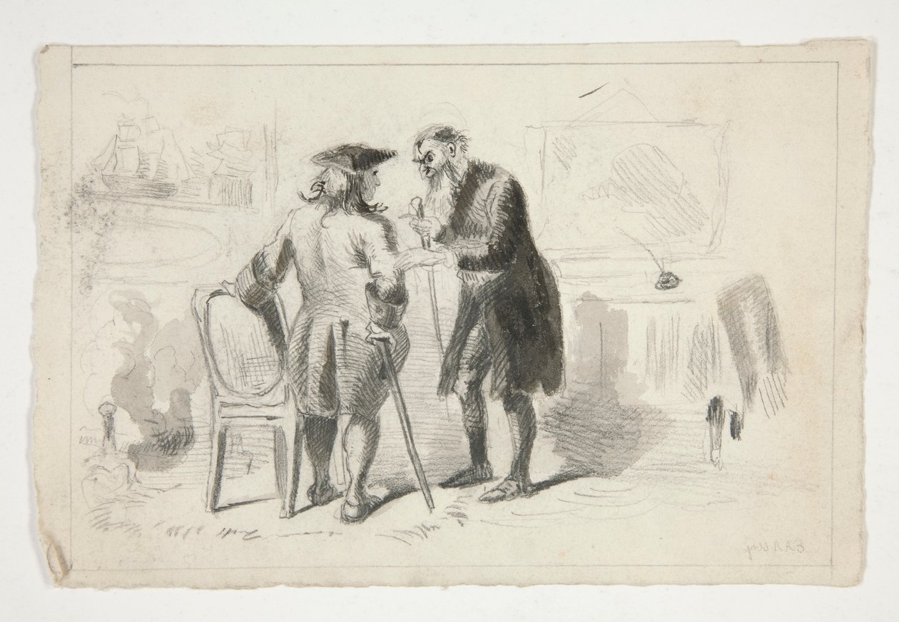 To menn som samtaler i et interiør - uidentifisert illustrasjon av Edwin Austin Abbey