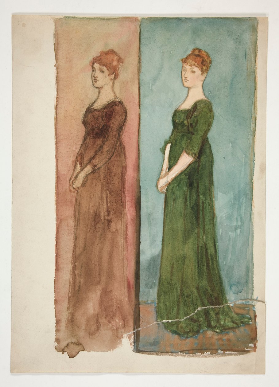 To skisser av en kvinne (kledd i rødt, i grønt) - kostymestudier til et teaterstykke? av Edwin Austin Abbey