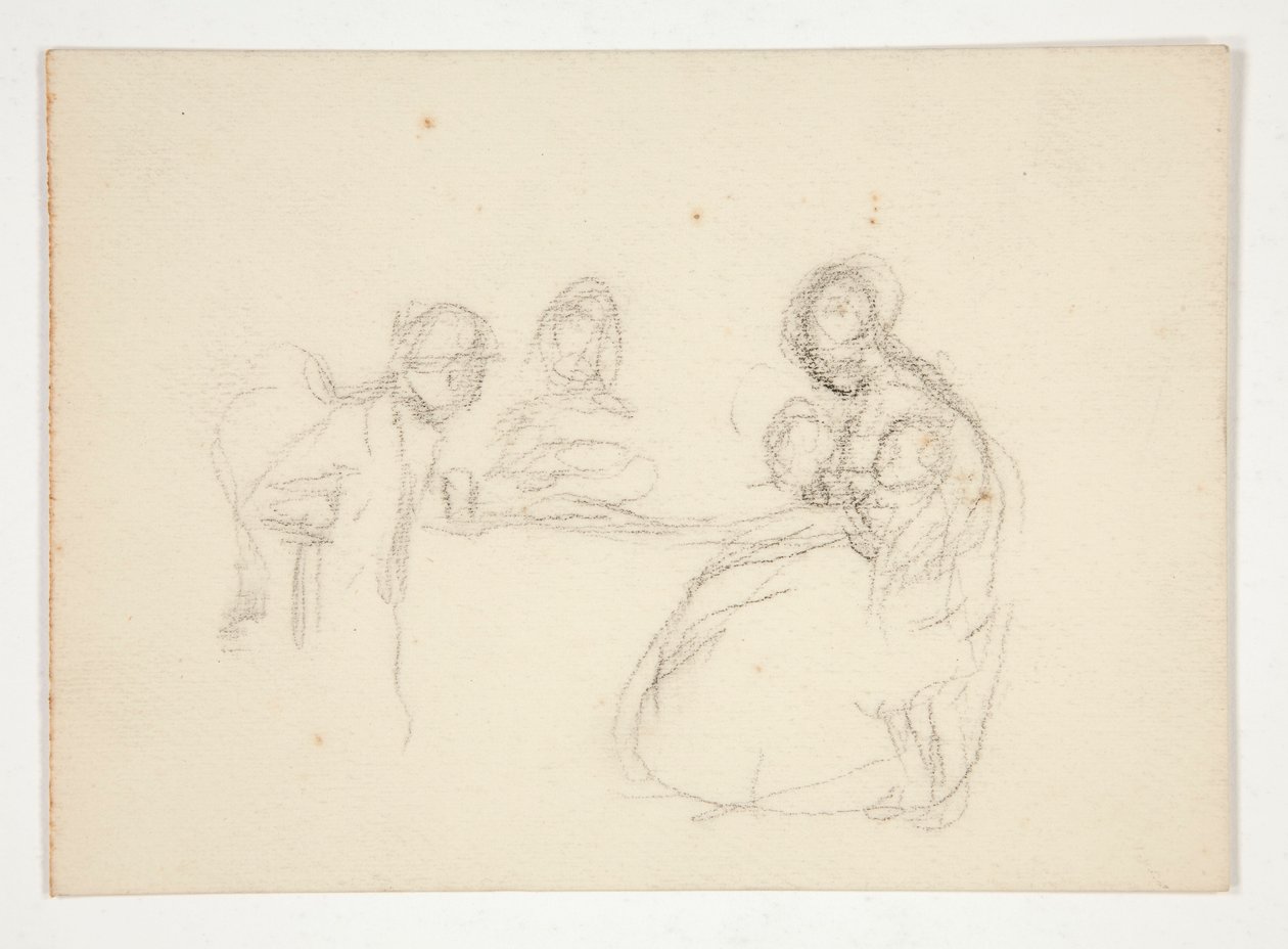 Uidentifisert illustrasjon - Studie av figurer ved et bord. Sittende mann på revers. av Edwin Austin Abbey