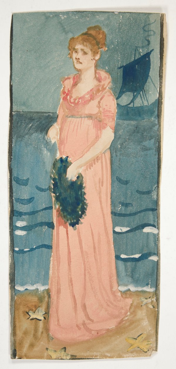 Uidentifisert illustrasjon av kvinne på en strand, skip på avstand av Edwin Austin Abbey