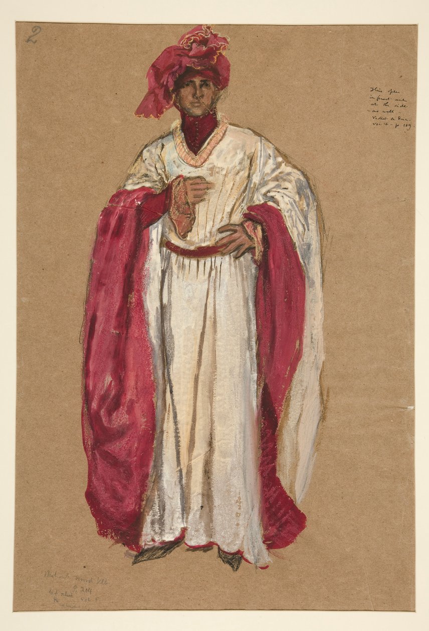 Uidentifisert mann i rød kappe, kostymeskisse for kong Richard II av Edwin Austin Abbey