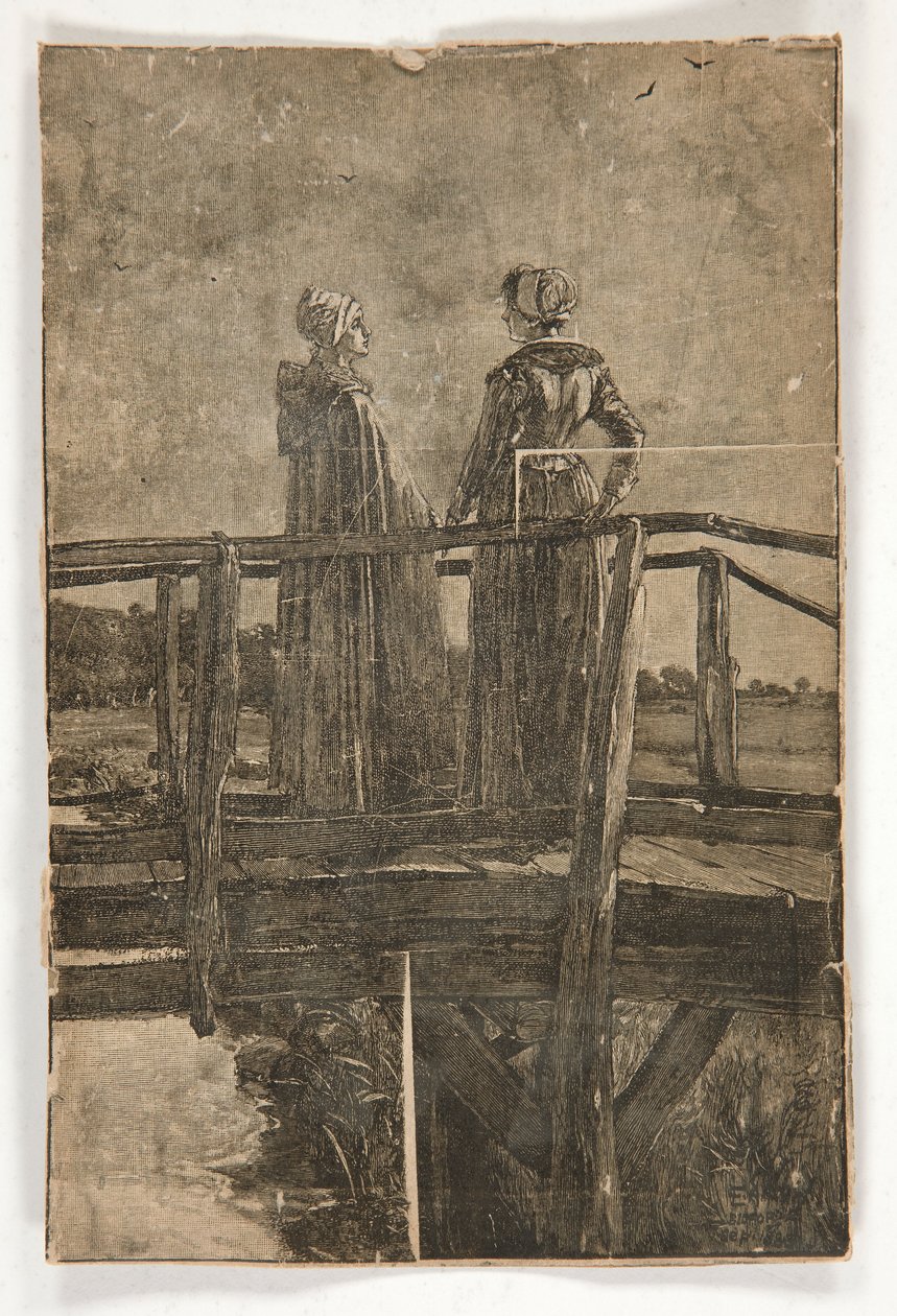 Uten tittel tregravering av E.A. Kloster (?) av to damer på en gangbro av tre - illustrasjon for William Black av Edwin Austin Abbey