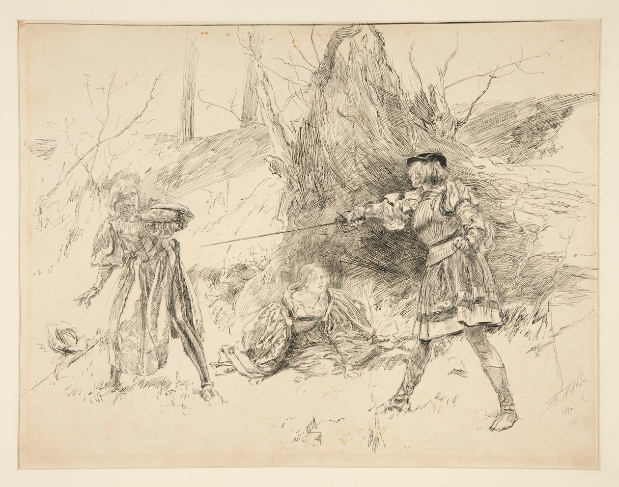 Valentine redder Sylvia, fra Act V, Scene iv, Two Gentlemen of Verona av Edwin Austin Abbey